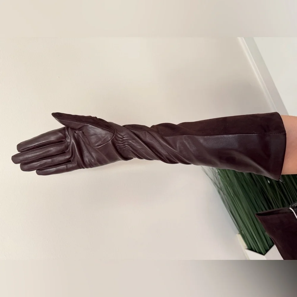 NWT Long Leather & Suede Opera Gloves Brown Premium 6.5